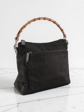 Vintage Gucci Black Nylon Canvas Bamboo Handle Shoulder Bag GG Jacquard Hobo